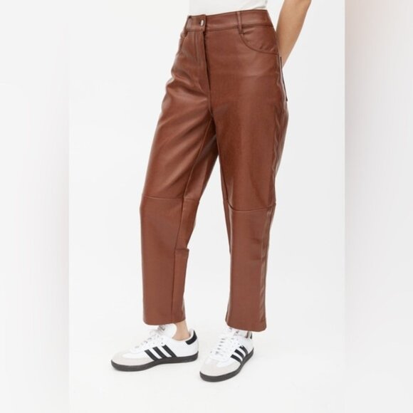 Wilfred Free Aritzia Oracle Pants High Waist Leather Brown Straight Balloon leg - Picture 3 of 16